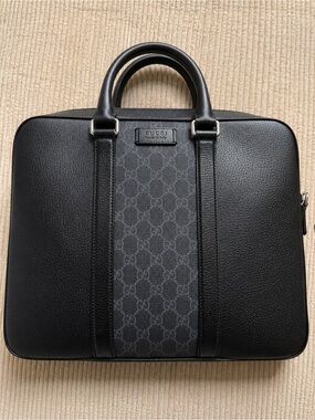Gucci Black Leather and GG Canvas Briefcase